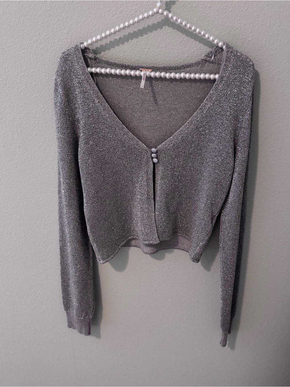 Free People Silver Metallic Knit Crop Cardigan